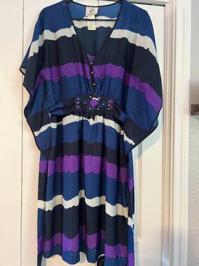 Vintage ICE Caftan Dress Size 14 Blue Purple Abstract Stripe Kaftan
